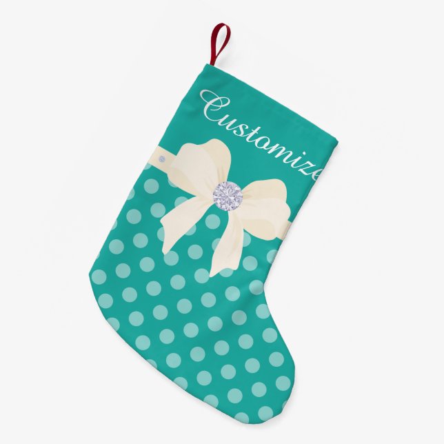 Custom Turquoise Dotted w/Cream Bow & Diamonds Small Christmas Stocking (Front (Hanging))