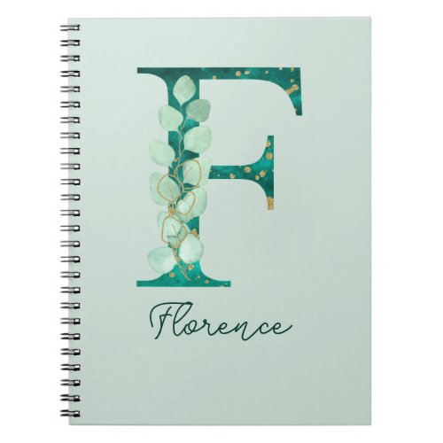 Custom Turquoise Eucalyptus Letter F Monogram Notebook