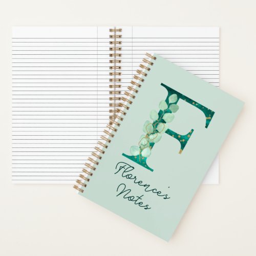 Custom Turquoise Eucalyptus Letter F Monogram Notebook