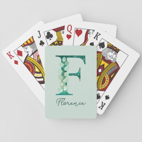 Custom Turquoise Eucalyptus Letter F Monogram Playing Cards