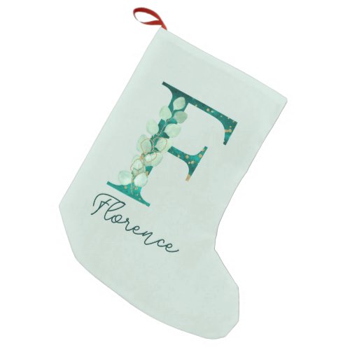 Custom Turquoise Eucalyptus Letter F Monogram Small Christmas Stocking
