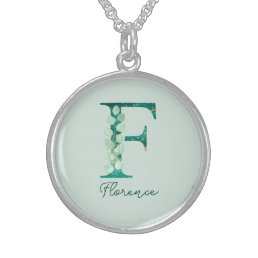 Custom Turquoise Eucalyptus Letter F Monogram Sterling Silver Necklace