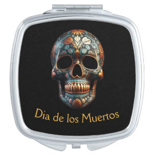 Custom Turquoise Gold Día de los Muertos Skull Compact Mirror