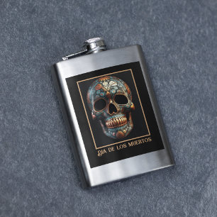 Custom Turquoise Gold Día de los Muertos Skull Flask