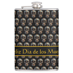 Custom Turquoise Gold Día de los Muertos Skull Flask