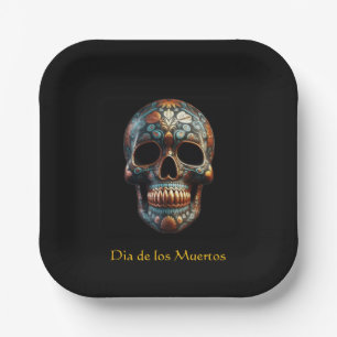 Custom Turquoise Gold Día de los Muertos Skull Paper Plates