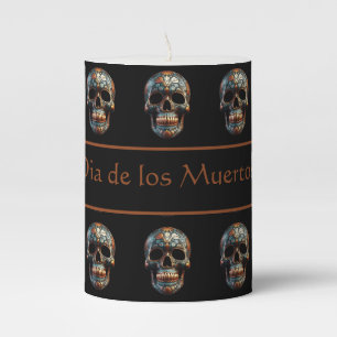 Custom Turquoise Gold Día de los Muertos Skull Pillar Candle