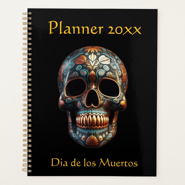 Custom Turquoise Gold Día de los Muertos Skull Planner (Front)