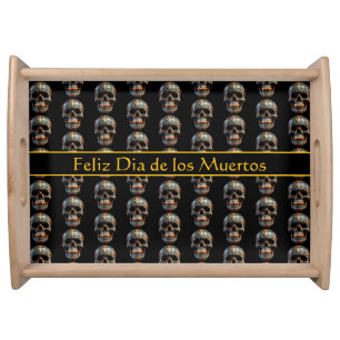 Custom Turquoise Gold Día de los Muertos Skull Serving Tray