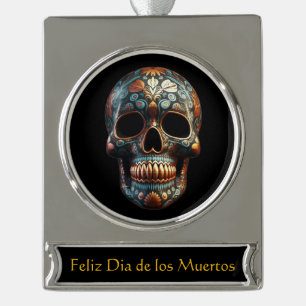 Custom Turquoise Gold Día de los Muertos Skull Silver Plated Banner Ornament