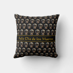 Custom Turquoise Gold Día de los Muertos Skull Throw Pillow