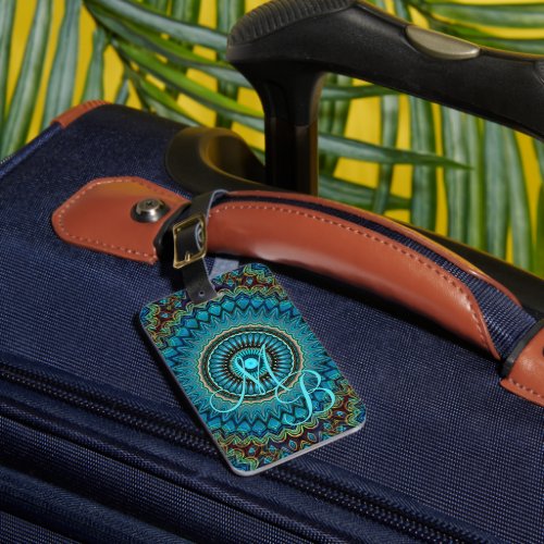 Custom Turquoise Green Blue Mandala Star Pattern Luggage Tag