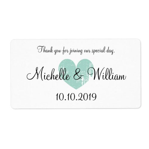 Custom turquoise heart wedding water bottle labels