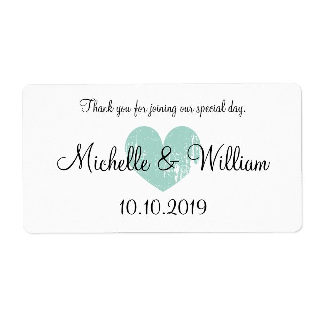 Custom turquoise heart wedding water bottle labels (Front)