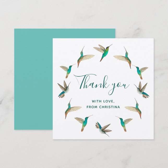 Custom Turquoise Hummingbirds Thank You Card (Front/Back)