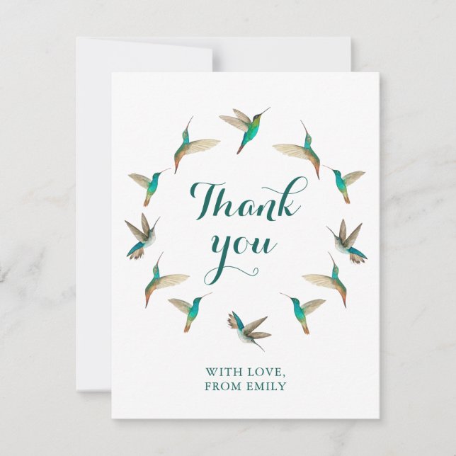 Custom Turquoise Hummingbirds Thank You Note Card (Front)