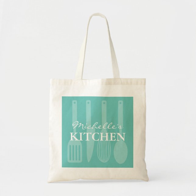 Custom turquoise kitchen cooking utensils tote bag (Front)