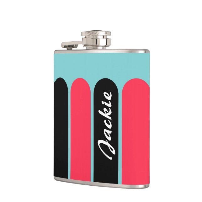 Custom Turquoise Red and Black Stripes Flask (Left)