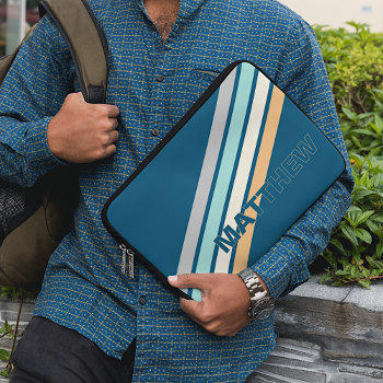 Custom Turquoise Teal Blue Gray Yellow Stripes Art Laptop Sleeve by CaseConceptCreations at Zazzle