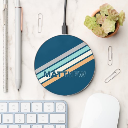 Custom Turquoise Teal Blue Gray Yellow Stripes Art Wireless Charger