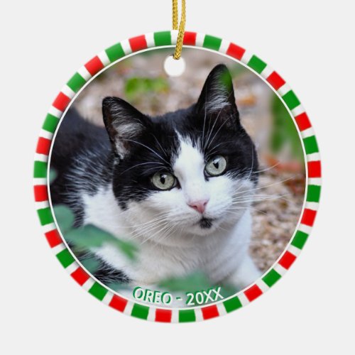 Custom tuxedo cat photo and green red frame ceramic ornament