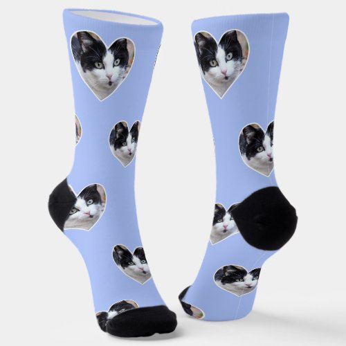 Custom Tuxedo Cat Photo on Light Blue Crew Socks