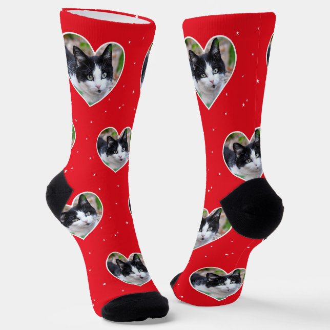 Custom Tuxedo Cat Photo on Red Crew Socks (Angled)