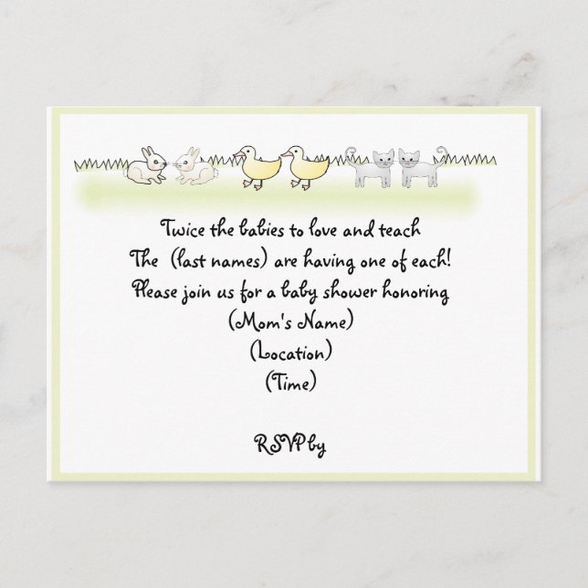 Custom Twin Animals Baby Shower Invitation Postcard (Front)