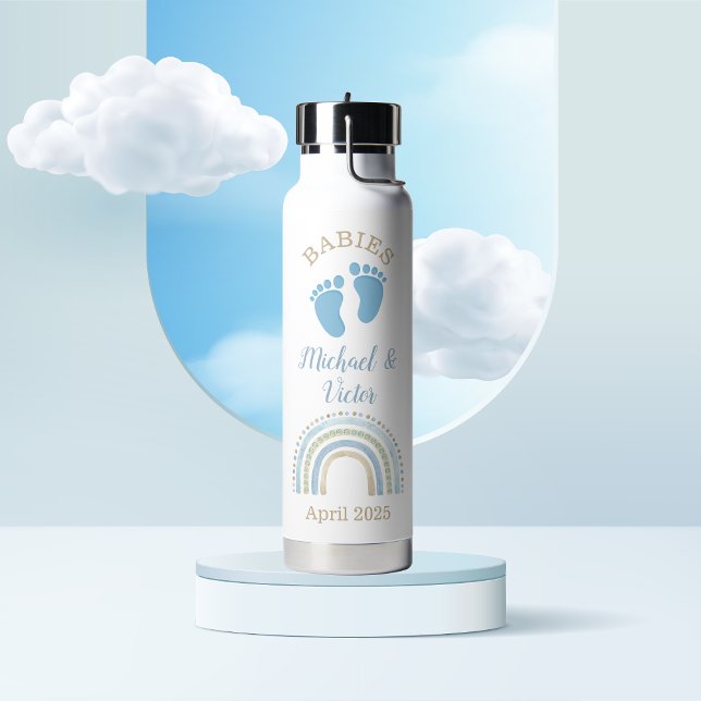 Custom Twin Boys Rainbow Footprints Water Bottle (Creator Uploaded)