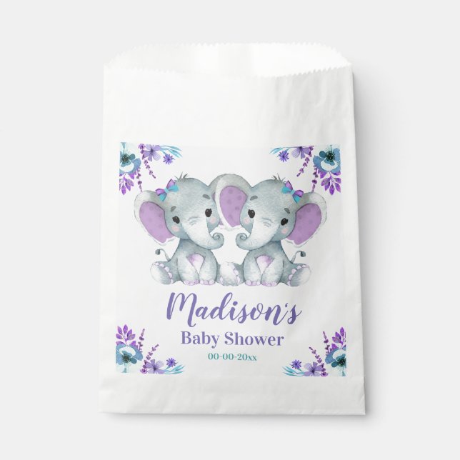 Custom Twin Girl Elephant Baby Shower Favor Bags  (Front)