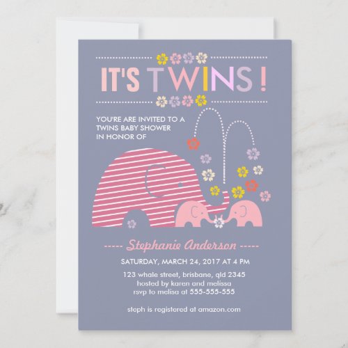 Custom twins baby elephant and flower shower announcement