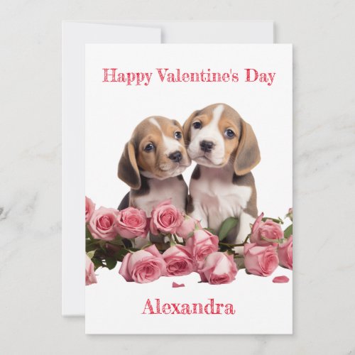 Custom Two Beagles with Pink Rose Valentine Holiday Card