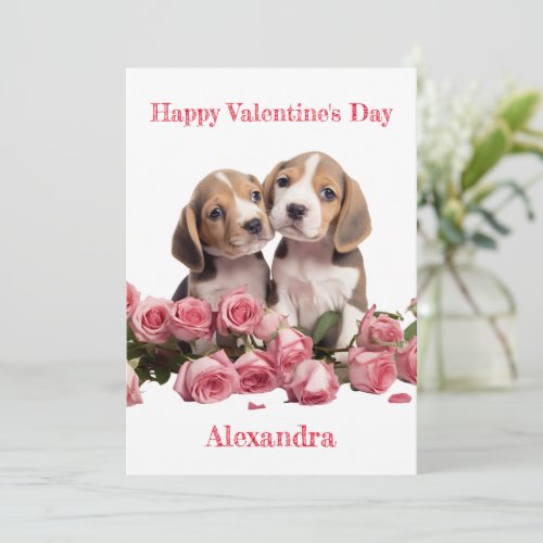 Custom Two Beagles with Pink Rose Valentine Holiday Card