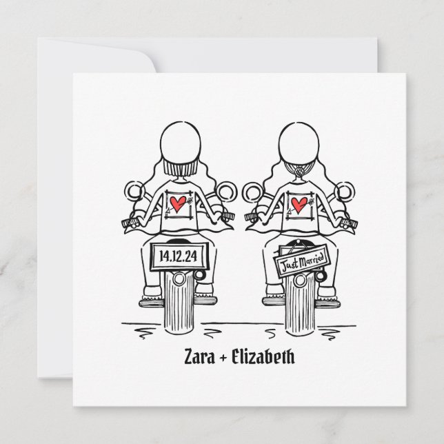 Custom Two Brides Biker Motorcycle Evening Wedding Invitation (Front)