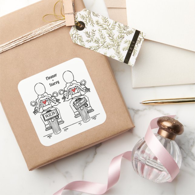 Custom Two Brides Biker Motorcycle Lesbian Wedding Square Sticker (Gifting)