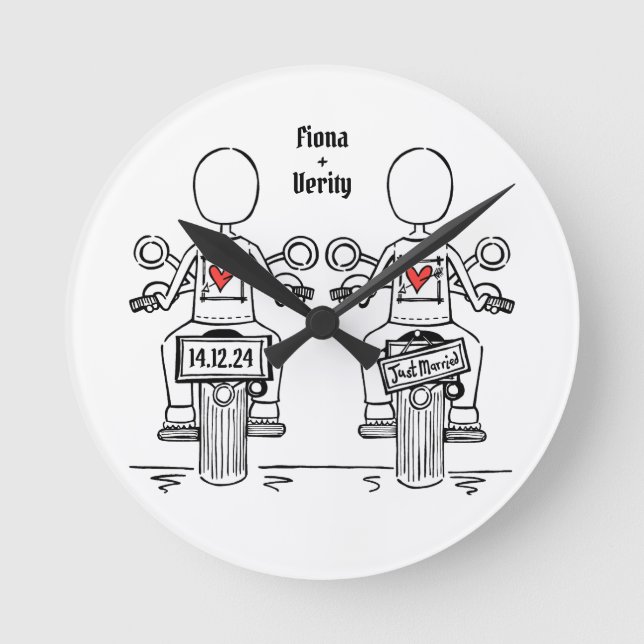Custom Two Brides Biker Motorcycle Wedding Clock (Front)