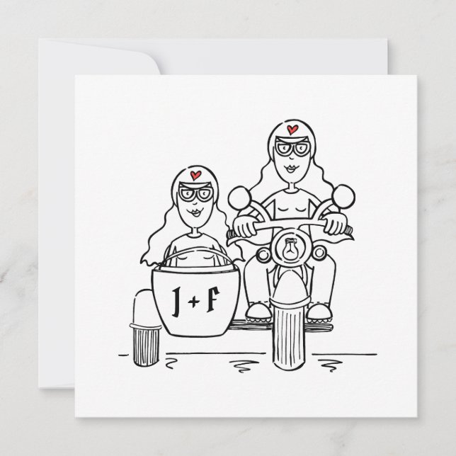 Custom Two Brides Motorbike and Sidecar Evening Invitation (Front)