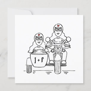 Custom Two Brides Motorbike and Sidecar Evening Invitation