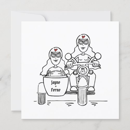 Custom Two Brides Motorbike and Sidecar Wedding Invitation