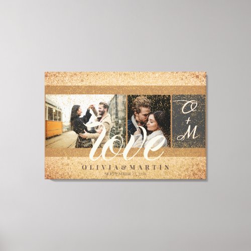 Custom Two Couple Photos Gold Glitter Monogrammed Canvas Print