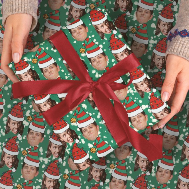 Custom Two Face Photo Funny Christmas Hats Gift Wrapping Paper (Creator Uploaded)