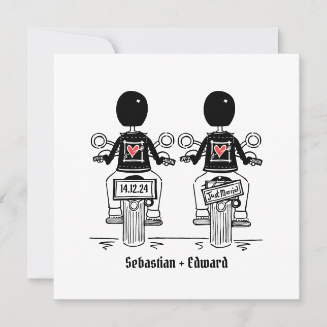 Custom Two Grooms Biker Motorcycle Evening Wedding Invitation (Front)
