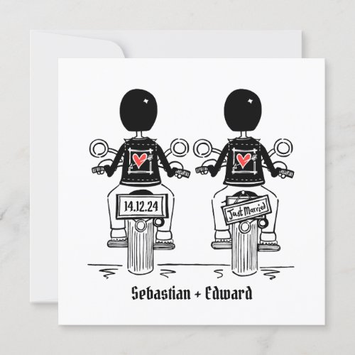 Custom Two Grooms Biker Motorcycle Gay Wedding Invitation