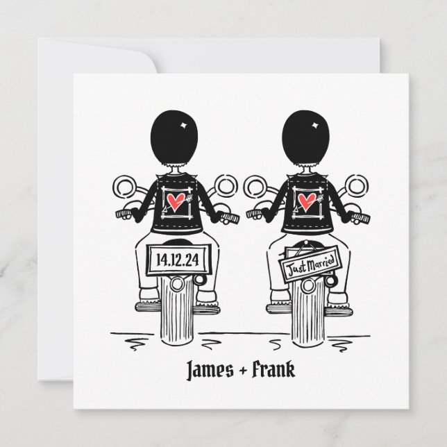 Custom Two Grooms Biker Motorcycle Gay Wedding Invitation (Front)