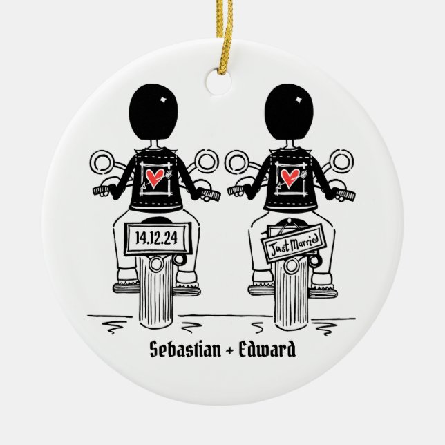 Custom Two Grooms Biker Motorcycle Wedding Ceramic Ornament (Front)