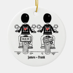 Custom Two Grooms Biker Motorcycle Wedding Ceramic Ornament