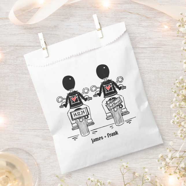 Custom Two Grooms Biker Motorcycle Wedding  Favor Bag (Clipped)