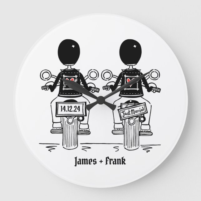 Custom Two Grooms Biker Motorcycle Wedding Large Clock (Front)