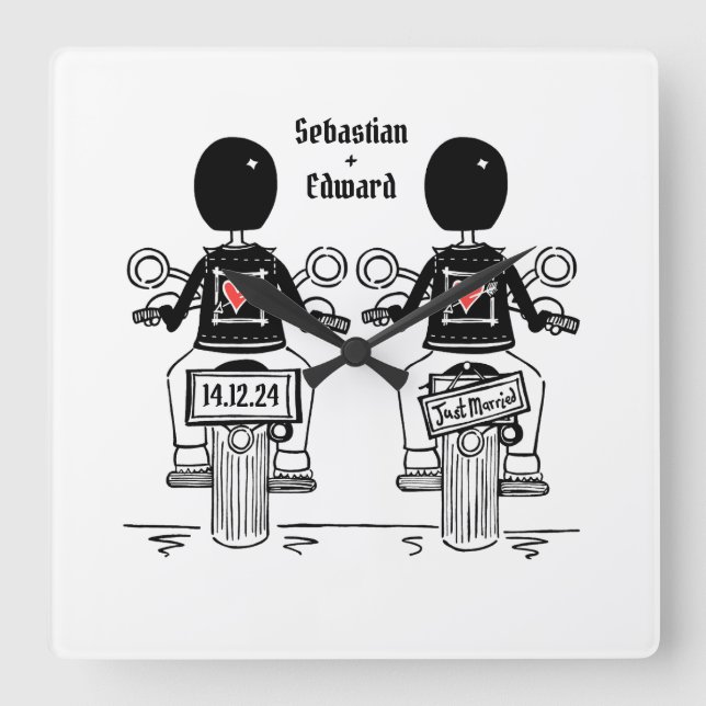 Custom Two Grooms Biker Motorcycle Wedding Square Wall Clock (Front)