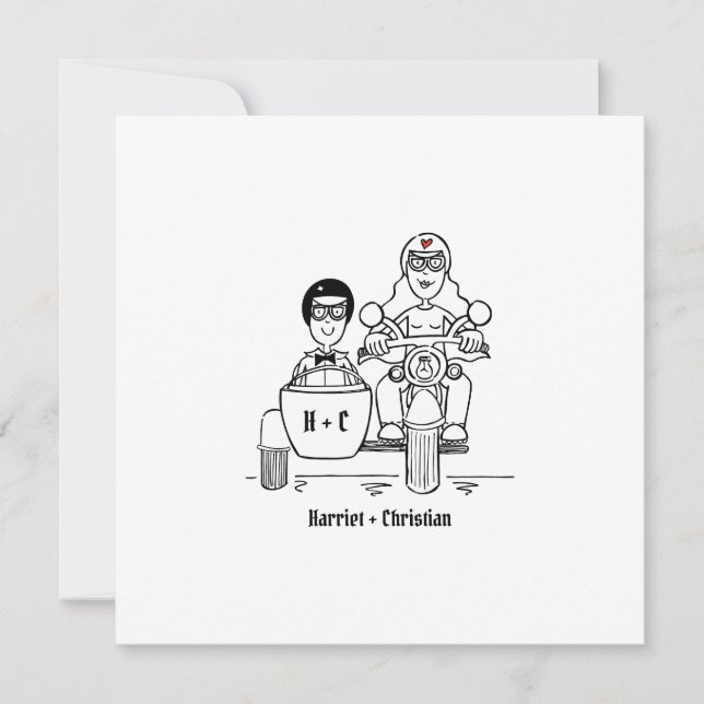 Custom Two Grooms Motorbike and Sidecar Wedding Invitation (Front)